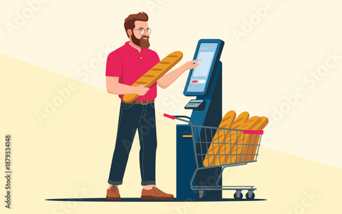 Man holding bread near a vending machine with bread in a shopping cart illustration