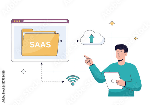 Cloud computing and SAAS illustration with man accessing services on tablet
