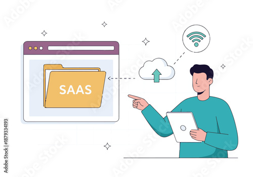 Man accessing SaaS application and cloud computing services with tablet