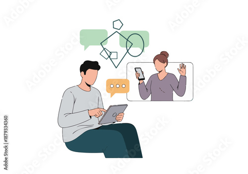 People communicating digitally via video call and tablet for virtual meeting