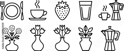 Coffee Tea Drink Line Icons Set Vector Cup Strawberry Glass Vase Flowers Kitchen Cafe Symbols