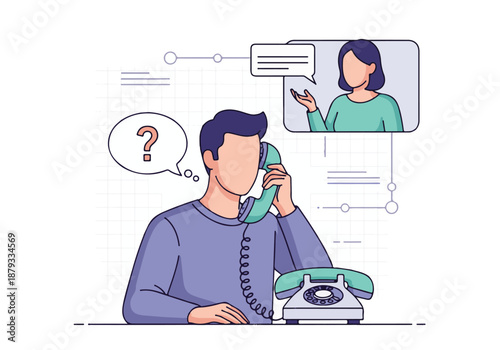 Man on retro phone consulting with online customer support, showing confusion