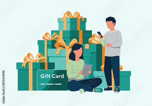 Online shopping concept with gift cards, presents, and digital devices