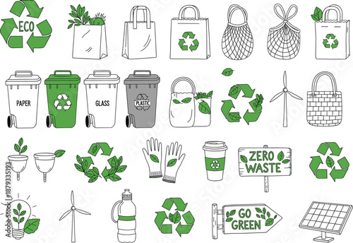 Eco zero waste icons with recycling bins reusable bags wind turbines plants energy symbols and sustainable lifestyle elements