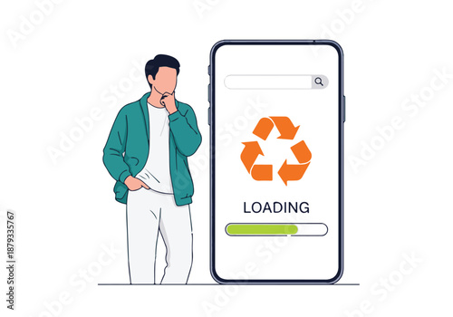 Man contemplating recycling app loading on smartphone screen