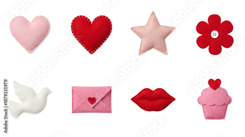 Valentine Love Felt Craft Set with Hearts Dove Envelope Lips and Cupcake Sewn Soft Plush Stuffed Style