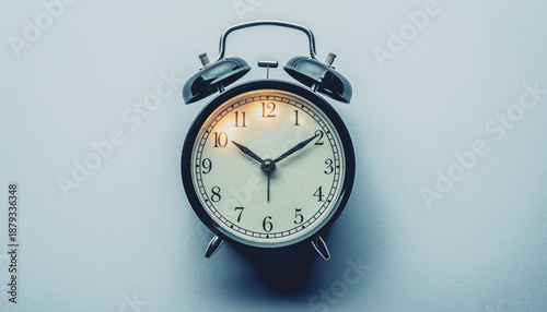 A classic black twin-bell alarm clock with a white face and black numbers, viewed from above on a light background, symbolizing time and punctuality.