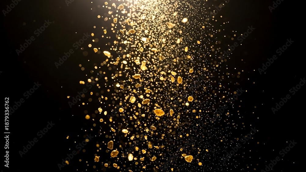 Fototapeta premium Golden particles falling down in darkness.