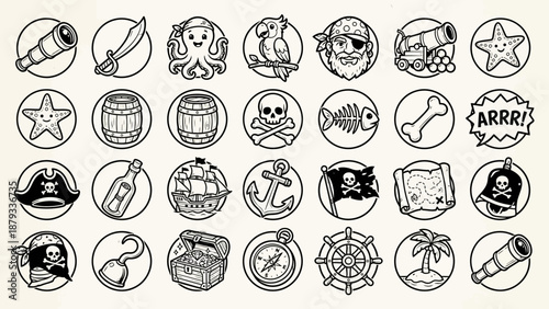 Pirate Doodle Vector Set – 24 Black-and-White Icons of Nautical Adventure, Treasure, and Characters for Education, Entertainment, and Themed Illustration Use