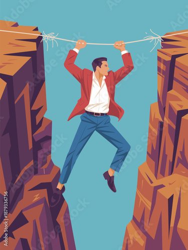 Man in red jacket crossing between two cliffs using a rope, viewed from behind