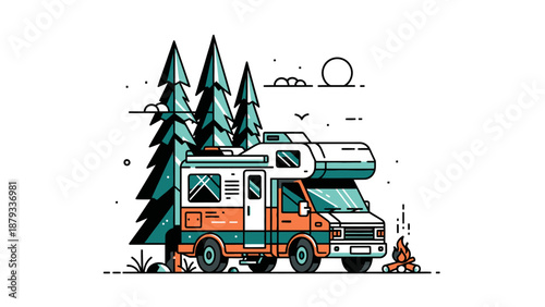 Modern Flat Vector Illustration of a Vintage Camper Van RV Parked in a Scenic Pine Forest with a Warm Campfire and Sun for Outdoor Adventure and Travel Theme.