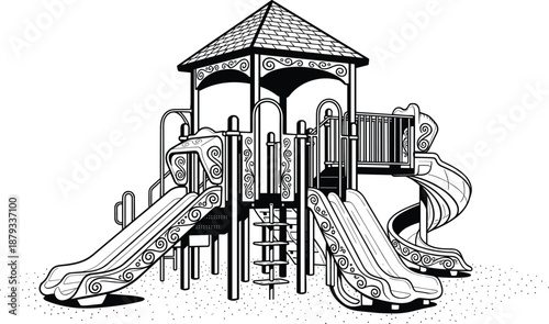 Children playground equipment illustration with slides and climbing structure, outdoor park playset design, fun recreation area concept, detailed line art isolated on white background