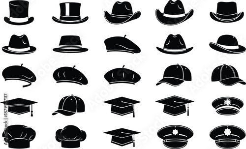 Black hat silhouettes collection, diverse headwear styles including cowboy top hat beret baseball cap chef and graduation mortarboard, isolated vector illustration icons bundle.