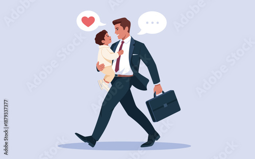 A businessman walks with his child in his arms, carrying a briefcase, in a gentle and loving scene