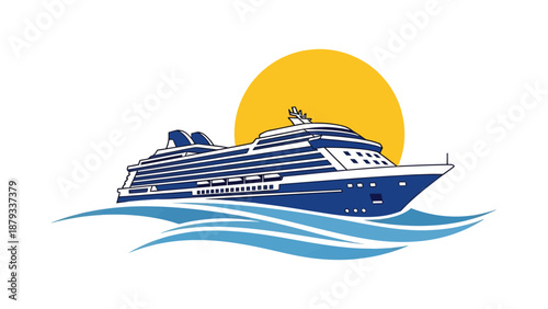 Stylized vector illustration of a luxury cruise ship sailing on ocean waves with a large yellow sun in the background, perfect for travel and vacation branding.