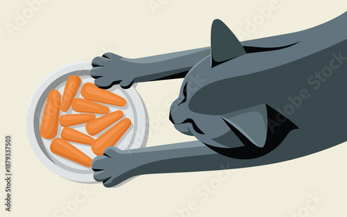 A cartoon cat reaching for carrots on a plate viewed from above in a simple environment
