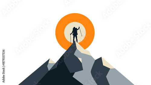 Minimalist vector illustration of a lone hiker standing triumphantly on a mountain peak at sunset with a large glowing orange sun on the clean white background.