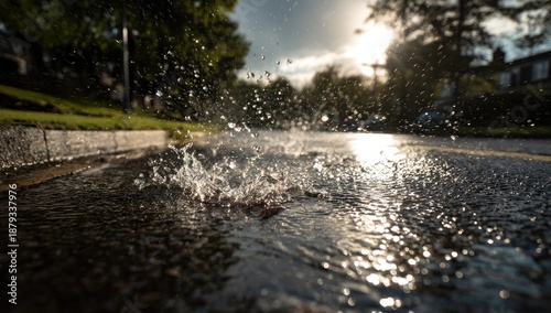 Low-angle view of a splash in a puddle on a sunlit, wet asphalt road
