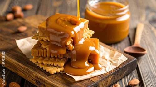 Caramel Sauce Pouring Over Stacked Wafers and Jar