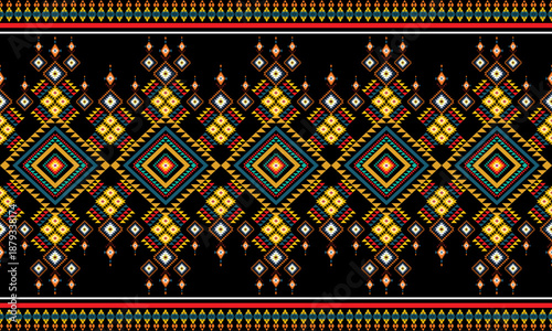 Bold and colorful tribal geometric seamless pattern with diamond shapes on black background, inspired by ethnic and folk art styles.