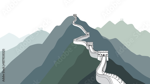 Minimalist Illustration of the Great Wall of China Snaking Through Muted Green Mountain Peaks with Watchtowers Under a Clear White Sky for Travel and Design.