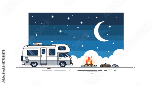 Modern Flat Vector Illustration of a White Camper Van Parked Next to a Bright Campfire Under a Clear Starry Night Sky with a Large Crescent Moon and Clouds.