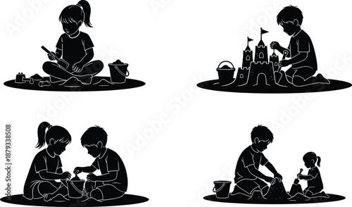 Children playing in sand silhouettes illustration, kids building sandcastles at playground, childhood outdoor activity concept, family fun recreation scenes isolated on white background