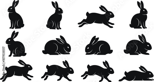 Black rabbit silhouettes collection, diverse bunny poses jumping running sitting shapes set, easter hare nature design elements, isolated animal vector illustration icons bundle.