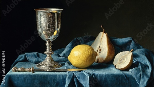 Silver goblet, fruit, and knife rest on blue velvet