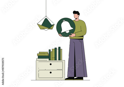 Man holding notification bell icon, surrounded by books and a hanging lamp