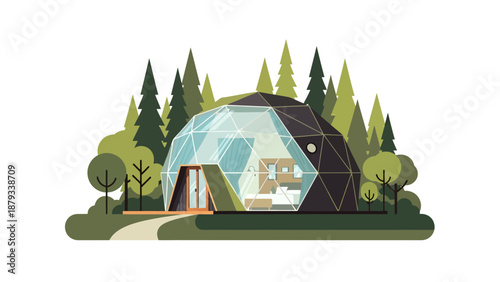 Minimalist flat illustration of a modern geodesic dome glamping tent nestled in a lush green forest with pine trees for sustainable eco-friendly travel concepts.