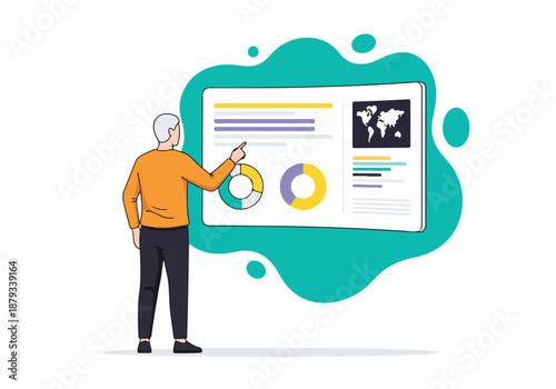 Man presenting business data and analytics on a large screen