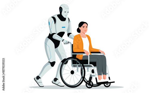 Robot assisting a woman in a wheelchair, showcasing care and mobility assistance in a simple illustration