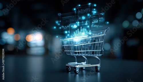 Futuristic shopping cart with glowing data visualizations