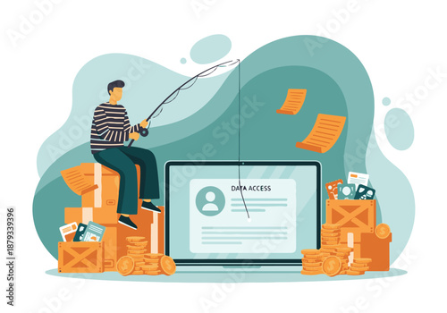 Hacker Using Fishing Rod to Steal Data and Money via Phishing Attack