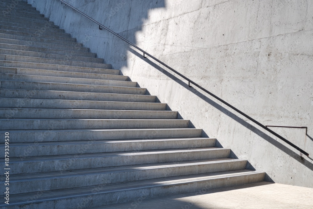 Fototapeta premium Shadowed concrete stairs ascend against a textured wall