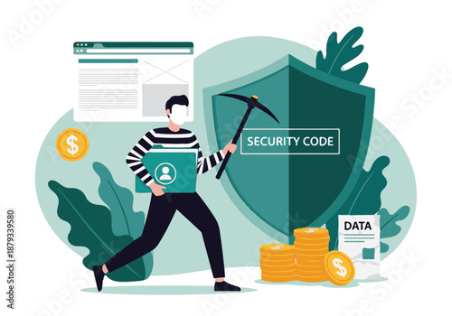 Cybercrime concept: masked hacker attacking security code to steal data and money