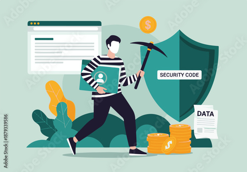 Hacker stealing data and money, breaching online security code