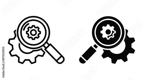 Magnifying glass inspecting gear icon