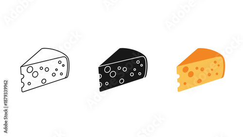 Three wedges of cheese in black white and orange on plain background