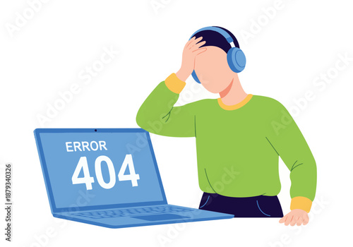 Person in headphones frustrated by 404 error on laptop screen