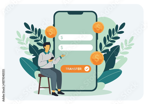 Online money transfer on smartphone with person and dollar coins