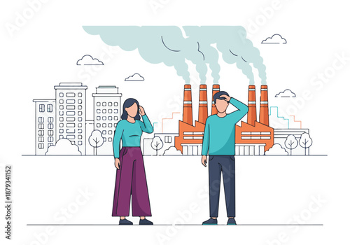 People standing concerned in front of polluting factory and city
