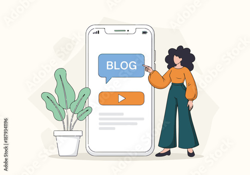 Female character interacting with mobile blog on a smartphone, digital content concept