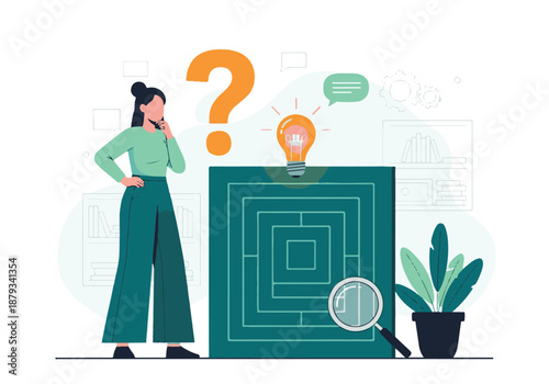 Woman contemplating problem with question mark, light bulb, maze and magnifying glass