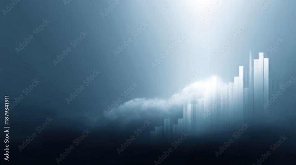 Fototapeta premium Abstract Concept of Growth in a Blue Atmosphere with Cloudy Background and Rising Bars Representing Financial Success and Progression in Business Metrics