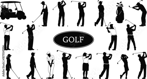 Black, silhouettes, of, golfers, playing, golf, with, clubs, golf, cart, bag, swing, poses, sports, collection, isolated, on, white, background, vector, illustration, set.