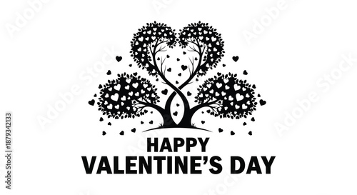 A romantic valentine s day illustration featuring two trees forming a heart shape with scattered hearts silhouette