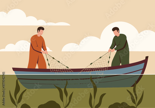 Fishermen in boat casting net, showing tranquil water and underwater plants