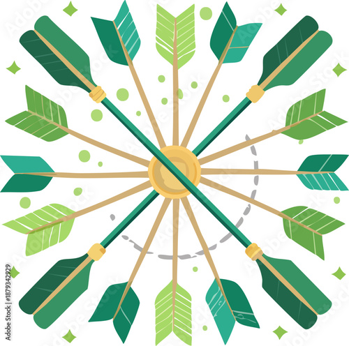 Vibrant green arrows radiate from golden center in dynamic circular pattern